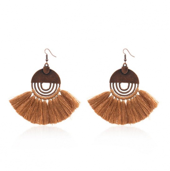 Picture of Polyester Tassel Earrings Antique Copper Coffee Fan-shaped Round 80mm x 30mm, 1 Pair