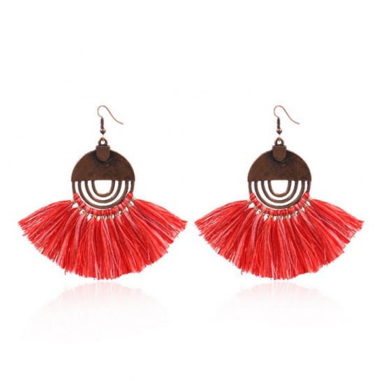 Picture of Polyester Tassel Earrings Antique Copper Red Fan-shaped Round 80mm x 30mm, 1 Pair