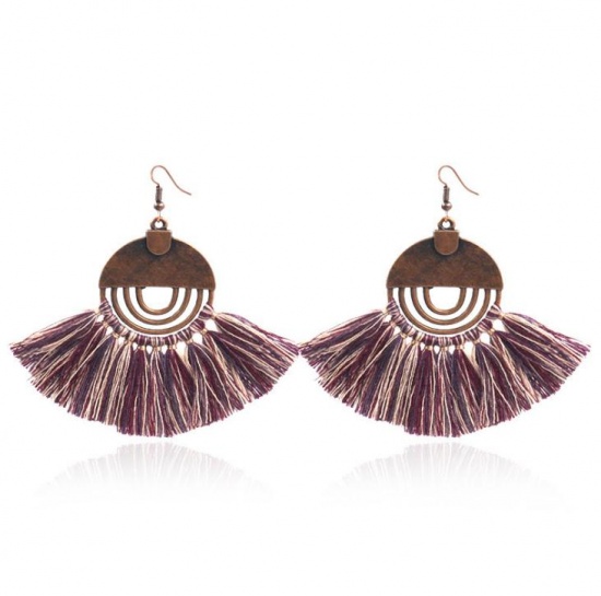Picture of Polyester Tassel Earrings Antique Copper Coffee Fan-shaped Round 80mm x 30mm, 1 Pair