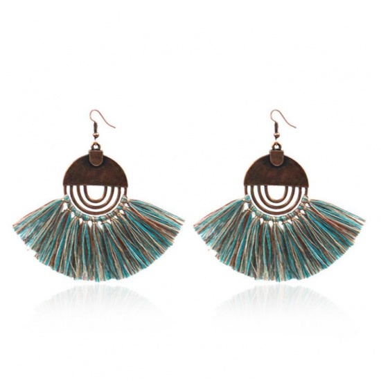 Picture of Polyester Tassel Earrings Antique Copper Blue Fan-shaped Round 80mm x 30mm, 1 Pair