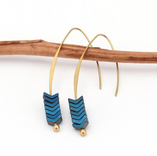 Picture of Stone Earrings Gold Plated Blue Arrowhead 60mm(2 3/8"), 1 Pair
