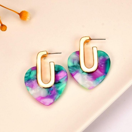 Picture of Acetic Acid Resin Acetimar Marble Earrings Gold Plated Fuchsia & Green Heart 40mm(1 5/8") x 30mm(1 1/8"), 1 Pair