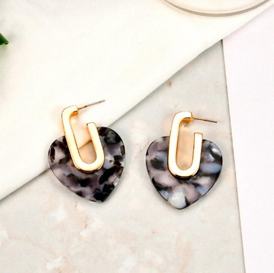 Picture of Acetic Acid Resin Acetimar Marble Earrings Gold Plated Black Heart 40mm(1 5/8") x 30mm(1 1/8"), 1 Pair