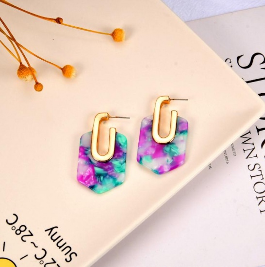 Picture of Acetic Acid Resin Acetimar Marble Earrings Gold Plated Fuchsia & Green Shield 45mm(1 6/8") x 25mm(1"), 1 Pair