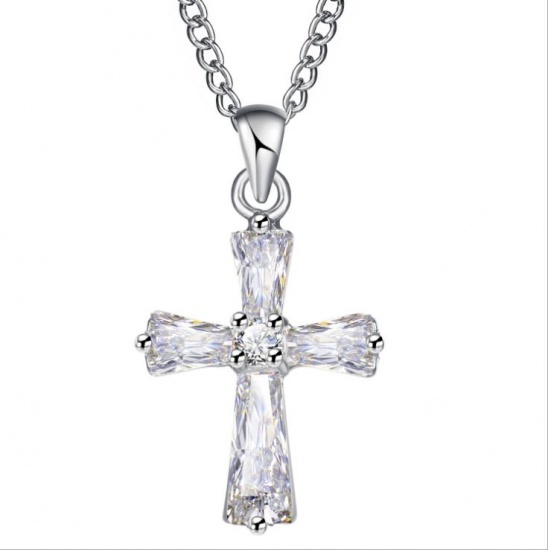 Immagine di Rame & Zircone Cubico Collana Tono Argento Trasparente Croce 46cm Lunghezza, 1 Pz