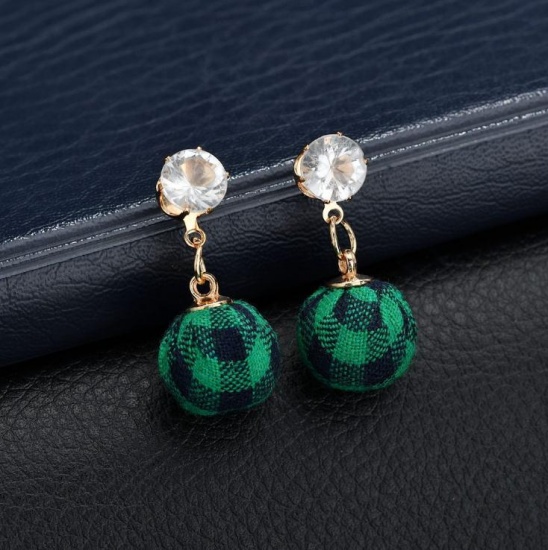 Picture of Fabric Earrings Gold Plated Green Ball Grid Checker Clear Rhinestone 32mm(1 2/8") x 14mm( 4/8"), 1 Pair