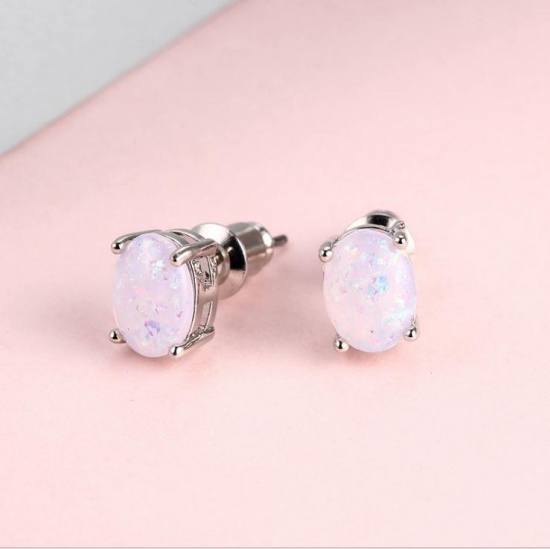 Picture of 1 Pair Opal Ear Post Stud Earrings Silver Tone White Oval 7mm x 4mm