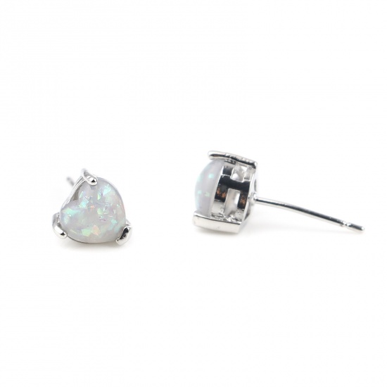 Picture of 1 Pair Opal Ear Post Stud Earrings Silver Tone Blue Heart 4mm x 4mm