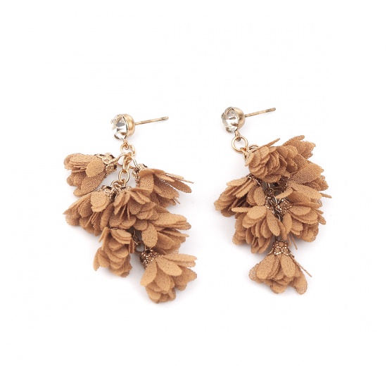 Picture of Fabric Tassel Earrings Gold Plated Brown Yellow Flower 50mm, 1 Pair