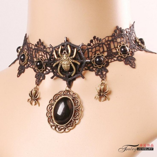 Picture of Lace Choker Necklace Antique Bronze Black Flower Halloween Spider 28cm(11") long, 1 Piece