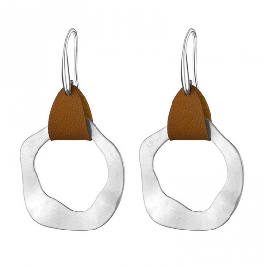 Picture of PU Leather Earrings Silver Tone Brown Irregular Circle Ring, 1 Pair