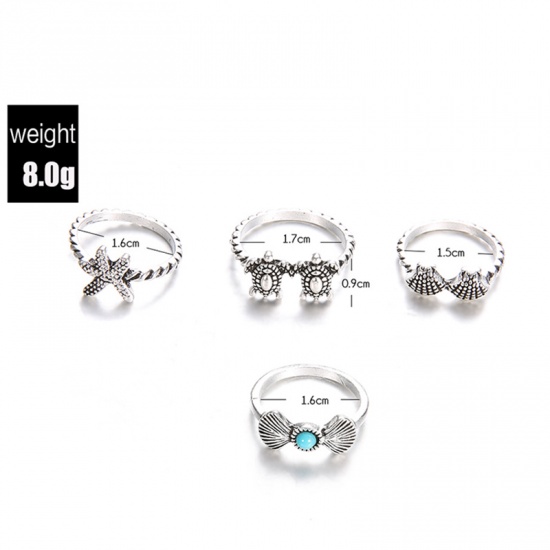 Picture of Boho Chic Rings Antique Silver Star Fish Tortoise 17mm( 5/8")(US Size 6.5) - 15mm( 5/8")(US Size 4), 1 Set ( 4 PCs/Set)