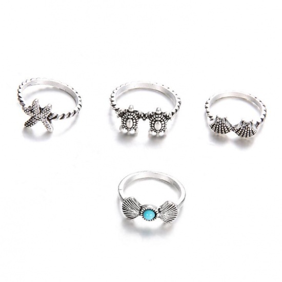 Picture of Boho Chic Rings Antique Silver Star Fish Tortoise 17mm( 5/8")(US Size 6.5) - 15mm( 5/8")(US Size 4), 1 Set ( 4 PCs/Set)