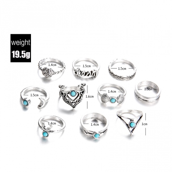 Picture of Boho Chic Rings Antique Silver Flower Shell Blue Imitation Turquoise 16mm( 5/8")(US Size 5.25) - 14mm( 4/8")(US Size 3), 1 Set ( 10 PCs/Set)