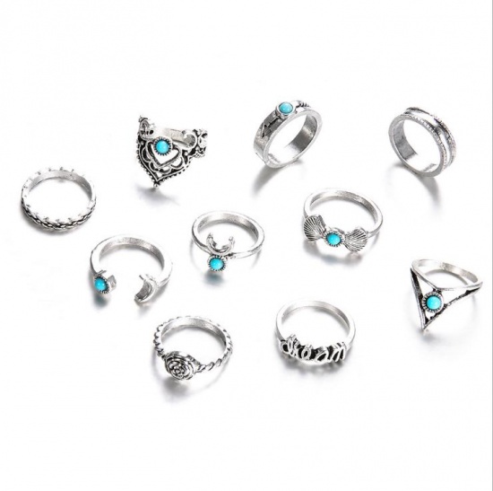Picture of Boho Chic Rings Antique Silver Flower Shell Blue Imitation Turquoise 16mm( 5/8")(US Size 5.25) - 14mm( 4/8")(US Size 3), 1 Set ( 10 PCs/Set)