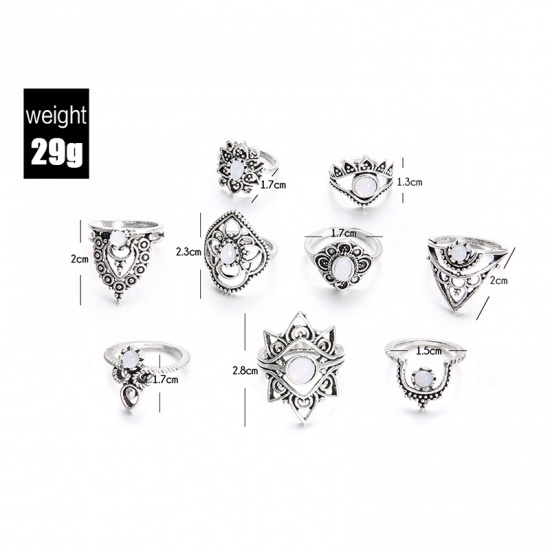 Picture of Boho Chic Rings Antique Silver Flower White Rhinestone 17mm( 5/8")(US Size 6.5) - 15mm( 5/8")(US Size 4), 1 Set ( 9 PCs/Set)
