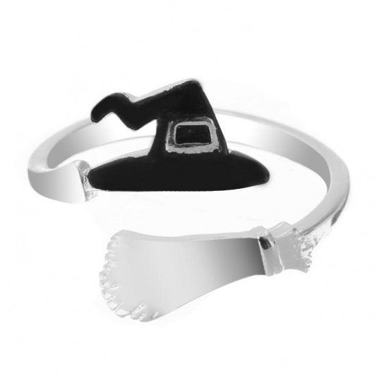 Picture of Brass Open Rings Silver Tone Black Enamel Halloween Witch Hat Besom, 1 Piece                                                                                                                                                                                  