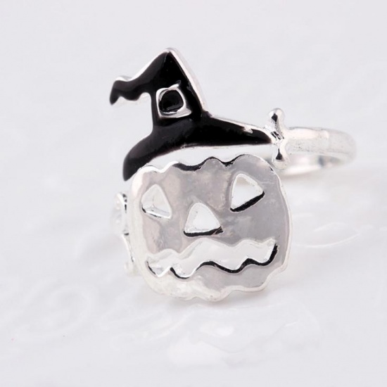 Picture of Open Rings Silver Tone Black Enamel Halloween Witch Hat Pumpkin, 1 Piece