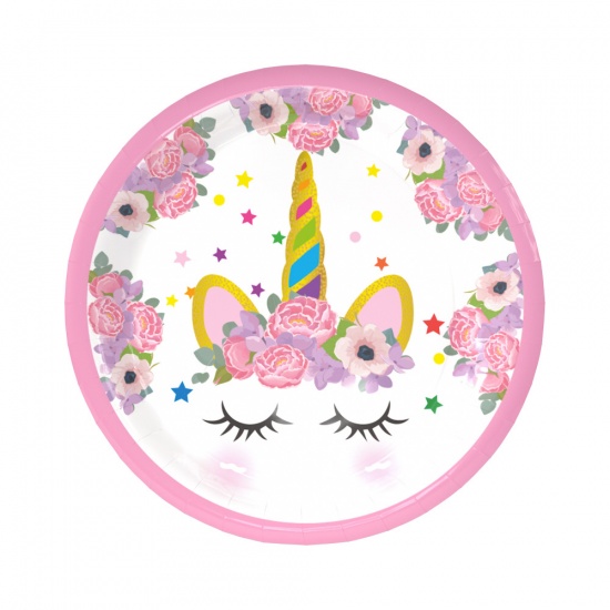 紙 皿 パーティー 円形 ピンク 馬パターン 18cm、 1 セット ( 6 個/セット) の画像