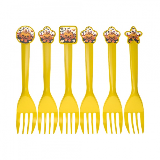 Imagen de Plástico Fiesta Tenedor Amarillo Halloween Calabaza Patrón 14cm x 4cm , 1 Juego ( 6 Unidades/Juego)