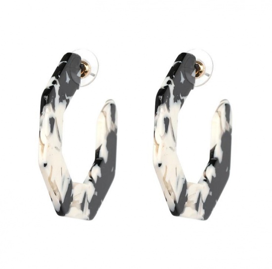 Picture of Acetic Acid Resin Acetimar Marble Hoop Earrings Black & White 4.3cm(1 6/8") x 4.3cm(1 6/8"), 1 Pair