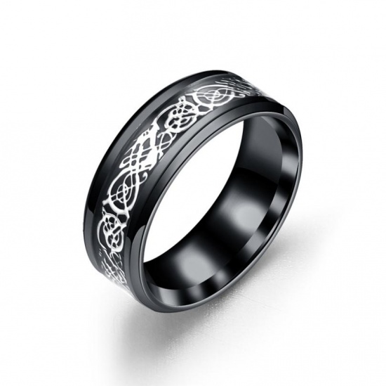 Picture of Stainless Steel Unadjustable Rings Black Silver Dragon 17.3mm( 5/8")(US Size 7), 1 Piece