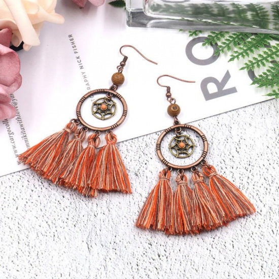 Picture of Polyester Boho Chic Tassel Earrings Antique Copper Orange Dream Catcher Hollow 90mm(3 4/8") x 25mm(1"), 1 Pair