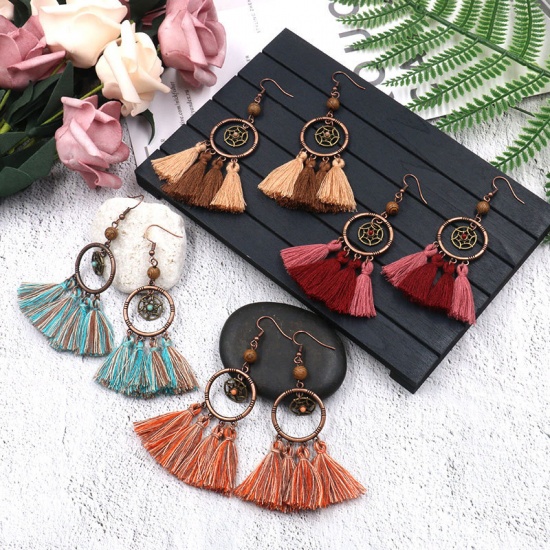 Picture of Polyester Boho Chic Tassel Earrings Antique Copper Orange Dream Catcher Hollow 90mm(3 4/8") x 25mm(1"), 1 Pair