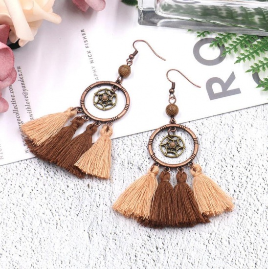 Picture of Polyester Boho Chic Tassel Earrings Antique Copper Coffee & Khaki Dream Catcher Hollow 90mm(3 4/8") x 25mm(1"), 1 Pair