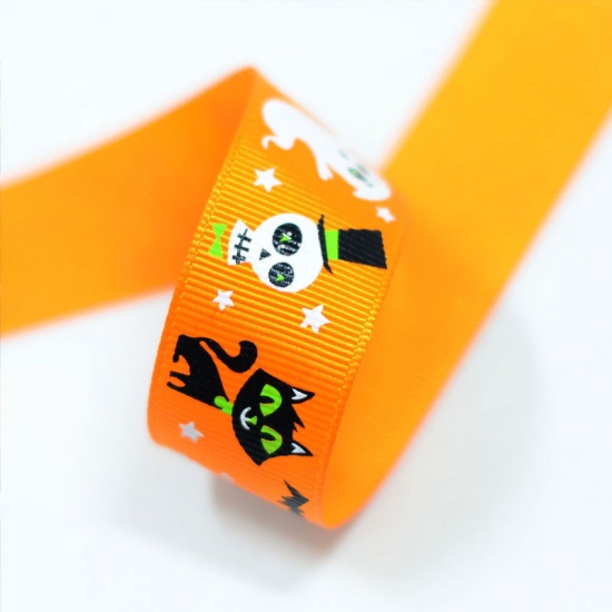 Bild von Terylen Halloween Bandwirkerei Orange Schädel Katze 25mm, 3 Yards