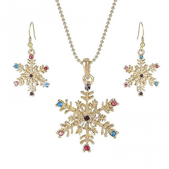Изображение Комплект Ожерелья и Серьги Светло-золотой Рождественские снежинка Разноцветный Горный Хрусталь 1 Комплект