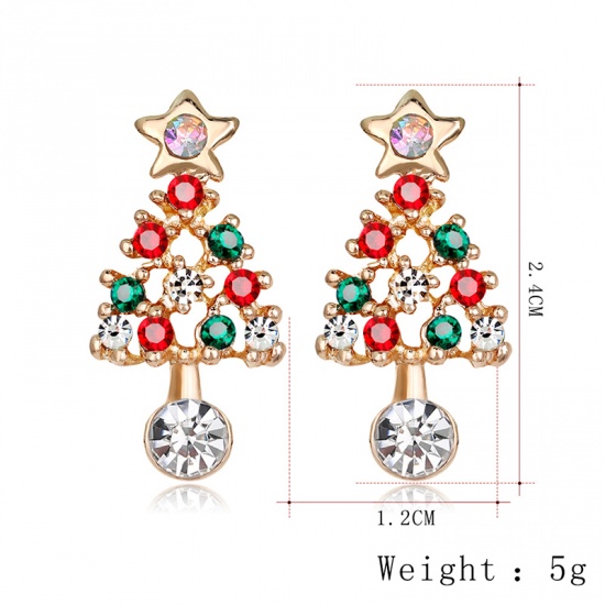 Picture of Ear Post Stud Earrings KC Gold Plated Christmas Tree Multicolor Rhinestone 24mm(1") x 12mm( 4/8"), 1 Pair