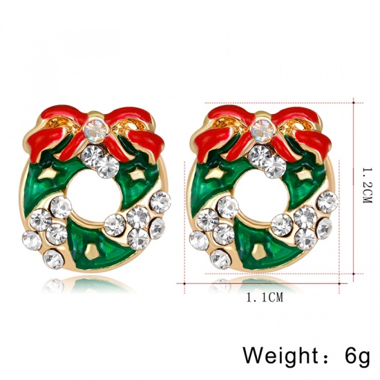 Picture of Ear Post Stud Earrings KC Gold Plated Christmas Wreath Clear Rhinestone Red & Green Enamel 12mm( 4/8") x 11mm( 3/8"), 1 Pair