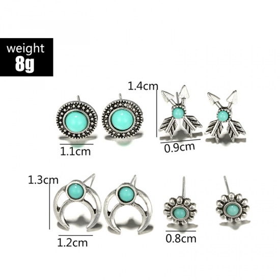 Picture of Ear Post Stud Earrings Set Antique Silver Arrowhead Moon 14mm x 9mm - 8mm Dia, 1 Set ( 4 Pairs/Set)