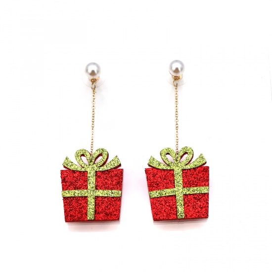 Picture of Nonwovens Earrings Gold Plated Red Christmas Gift Box Acrylic Imitation Pearl Glitter 7.5cm(3") long, 1 Pair