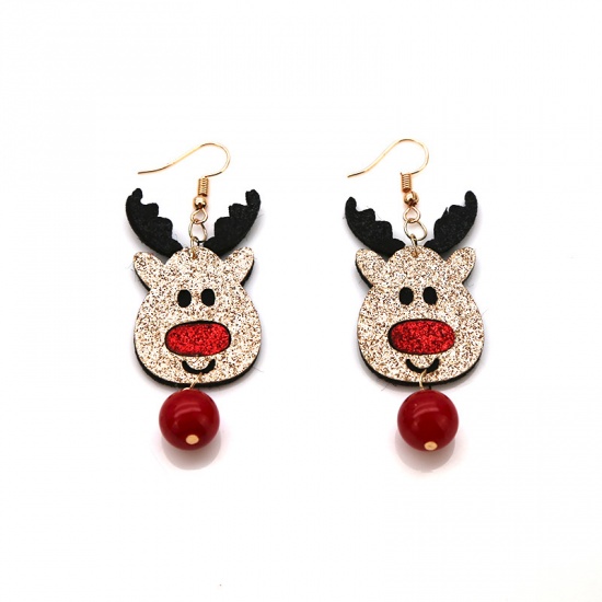 Picture of Nonwovens Earrings Gold Plated Light Gold Christmas Reindeer Glitter 7cm(2 6/8") long, 1 Pair