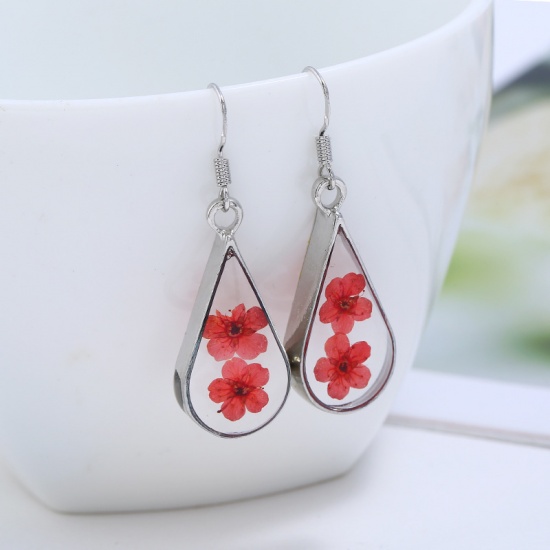 Picture of Resin Earrings Silver Red Drop Dried Flower 30mm x 14mm, 1 Pair
