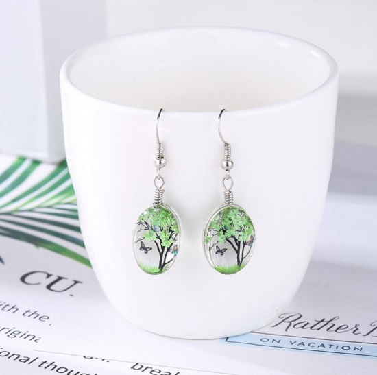 Picture of Lampwork Glass Earrings Green Oval Tree of Life Transparent 4.3cm x 1.4cm, 1 Pair