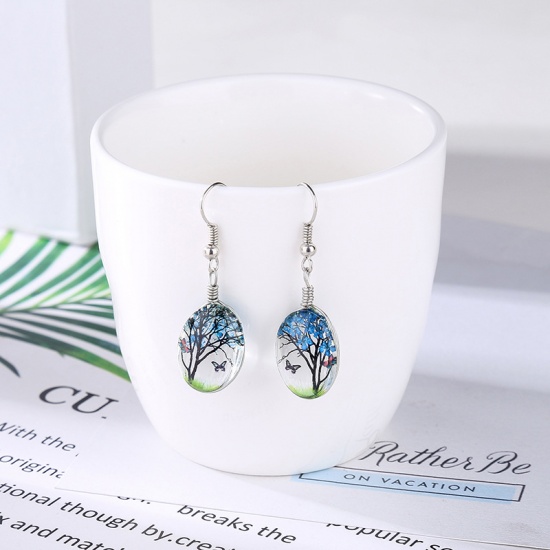 Picture of Lampwork Glass Earrings Blue Oval Tree 4.3cm x 1.4cm, 1 Pair