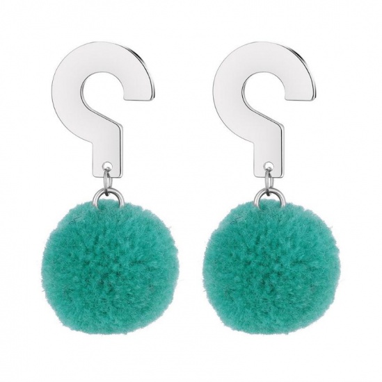 Picture of Polyester Earrings Green Pom Pom Ball Question Mark 42mm x 20mm, 1 Pair