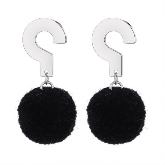 Picture of Polyester Earrings Black Pom Pom Ball Question Mark 42mm x 20mm, 1 Pair