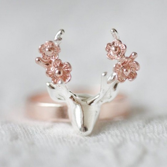 Picture of Brass Unadjustable Rings Rose Gold Silver Plated Christmas Reindeer Flower 16.5mm( 5/8")(US Size 6), 1 Piece                                                                                                                                                  