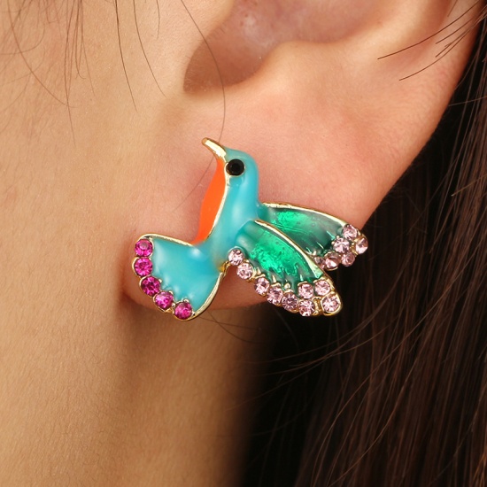 Picture of Ear Post Stud Earrings Green Bird Animal Pink Rhinestone Enamel 18mm x 16mm, 1 Pair