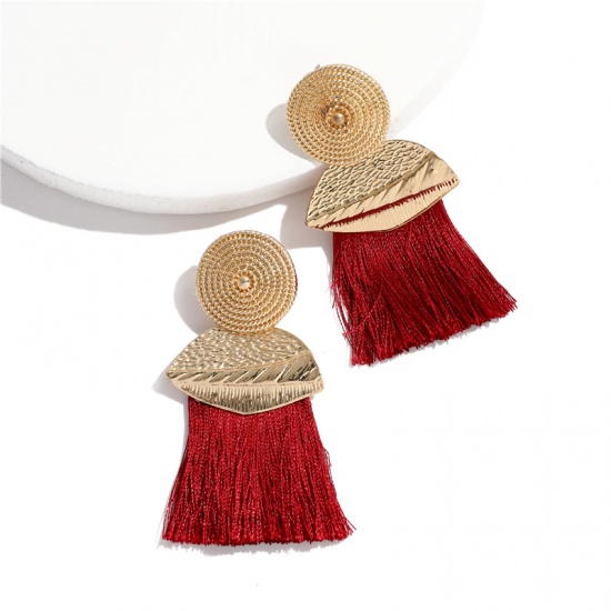 Picture of Tassel Earrings Wine Red Round 70mm x 35mm, 1 Pair