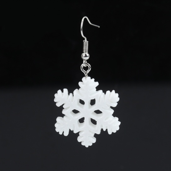 Picture of Resin Earrings White Christmas Snowflake 5cm(2") long, 1 Pair
