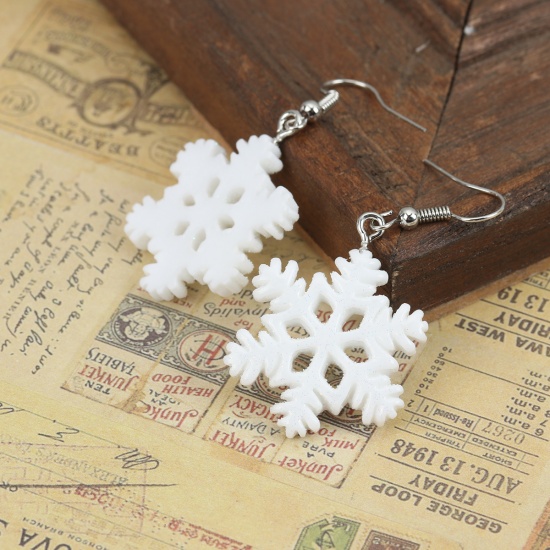 Picture of Resin Earrings White Christmas Snowflake 5cm(2") long, 1 Pair