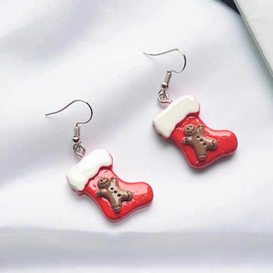 Picture of Resin Earrings Multicolor Christmas Santa Boots 5cm(2") long, 1 Pair