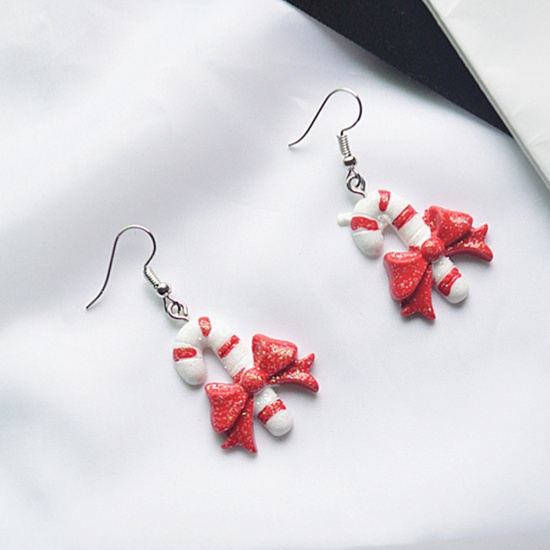 Picture of Resin Earrings White & Red Christmas Candy Cane 5cm(2") long, 1 Pair
