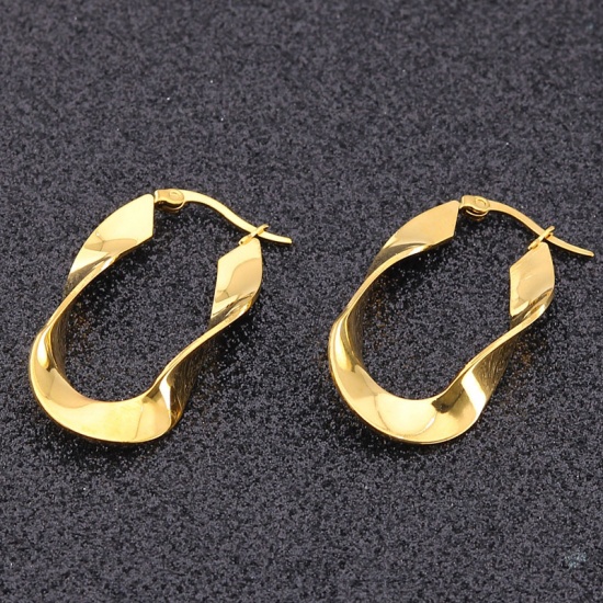 Picture of 316 Stainless Steel Hoop Earrings Gold Plated Oval Twisted 35mm(1 3/8") long, 1 Pair”