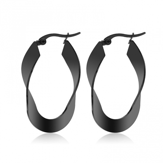 Picture of 316 Stainless Steel Hoop Earrings Black Oval Twisted 35mm(1 3/8") long, 1 Pair”